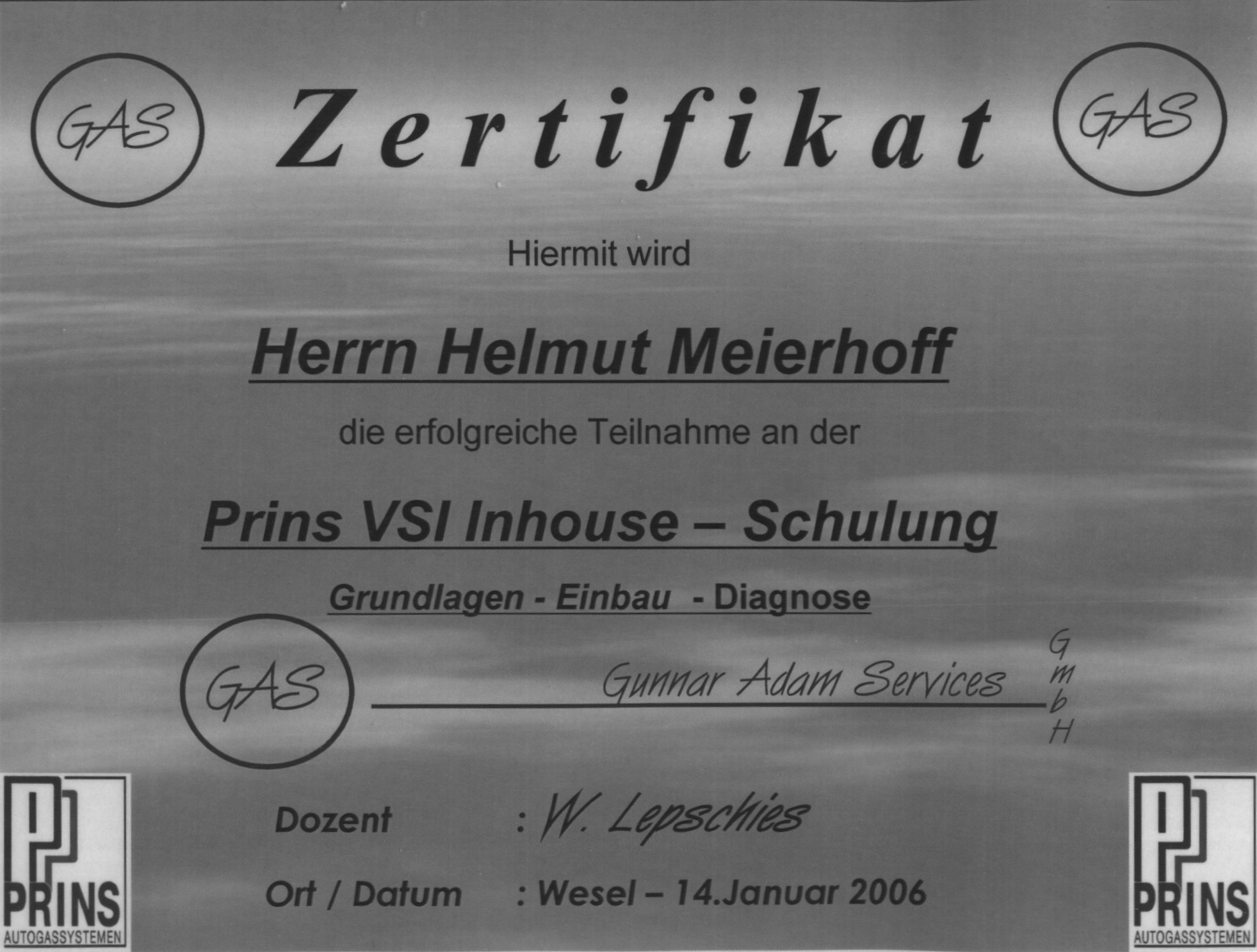 Prins-Zertifikat für Helmut Meierhoff