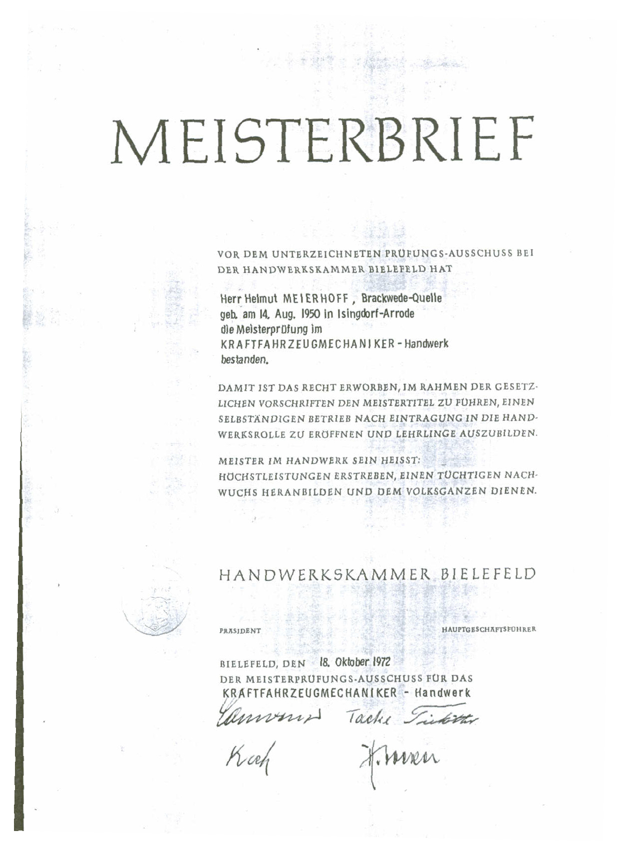 Der Meisterbrief von Helmut Meierhoff, ausgestellt von der Handwerkskammer zu Bielefeld